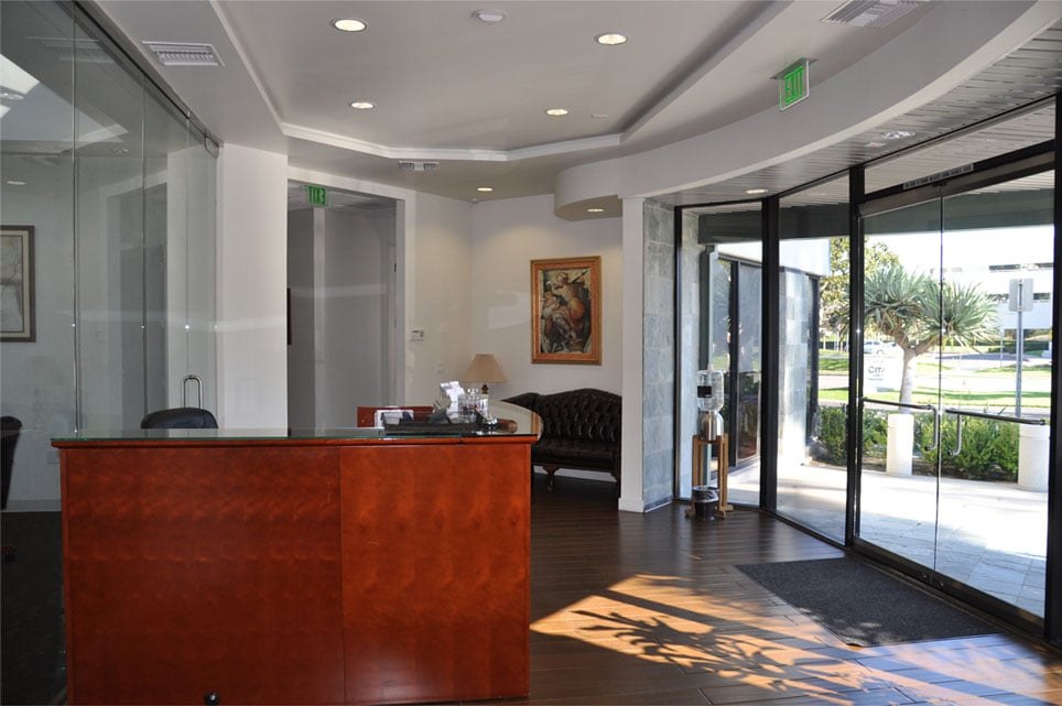 A bright office reception lobby